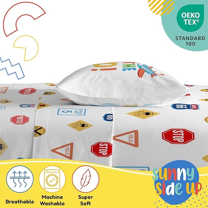 Sunny Side Up On The Go Twin Sheet Set - 3 Piece Kids Bedding Set Includes Pillow Cover - Super Soft Vehicles Microfiber Sheets