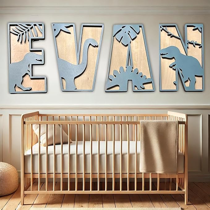 Personalized Wooden Name Sign - Custom Baby Name Signs for Nursery & Kids Room, Baby Announcement Sign, Wall Name Signs Personalized, Round Wooden Letters for Nursery Decor (Dinosaur)