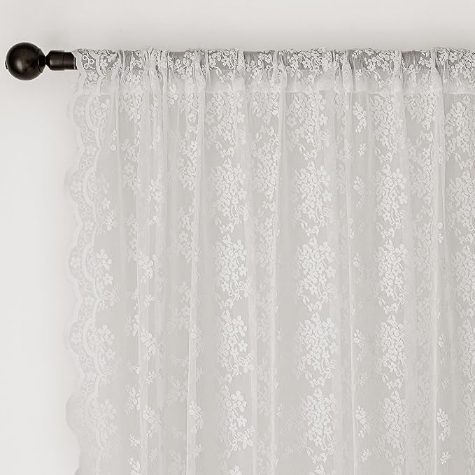 Anmao Vintage White Lace Curtains 84 Inches Long 2 Panels Set, Romantic Elegant Light Filtering Semi Sheer Floral Thick Lacy Curtain Drapes for Living Room and Bedroom, Each Panel 55W x 84L, Off White