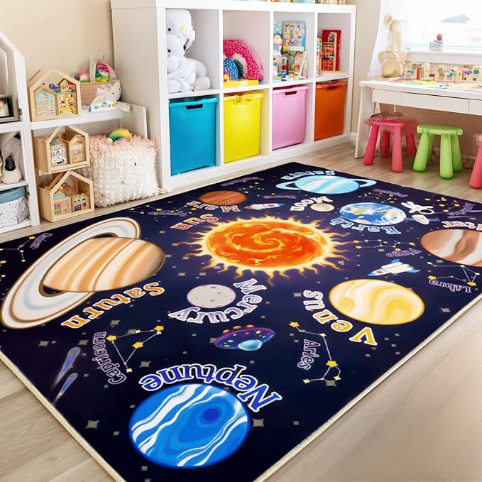 Kids Rugs for Playroom, 3x4 Feet Educational Rug for Learn The ABC Alphabet, Soft Machine Washable Non-Slip Cute Space Galaxy Carpet for Classroom Toddler Nursery Kids Room Decor Mat