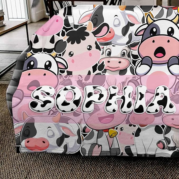 Custom Cows Blanket for Girls Boys, Personalized Name Blankets for Baby Kids Teens, Customized Cow Print Throw for Cow Lovers, Soft Flannel Throw Blankets Christmas Birthday Gift Bedding Decor