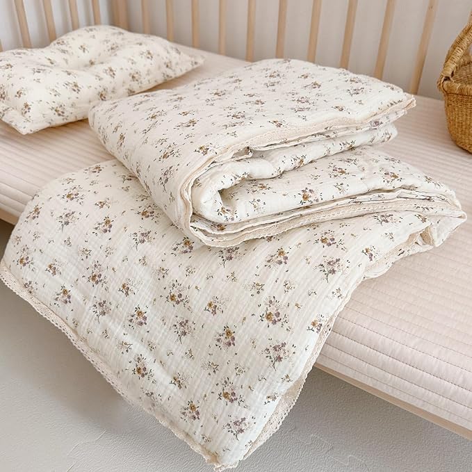BuLuTu Muslin Toddler Quilt for Boys Girls Cute Flowers Printed Kids Quilted Comforter Cotton Muslin Toddler Bedding Nursery Quilts for Toddler Bed, Crapemyrtle Pattern, 60"x78"