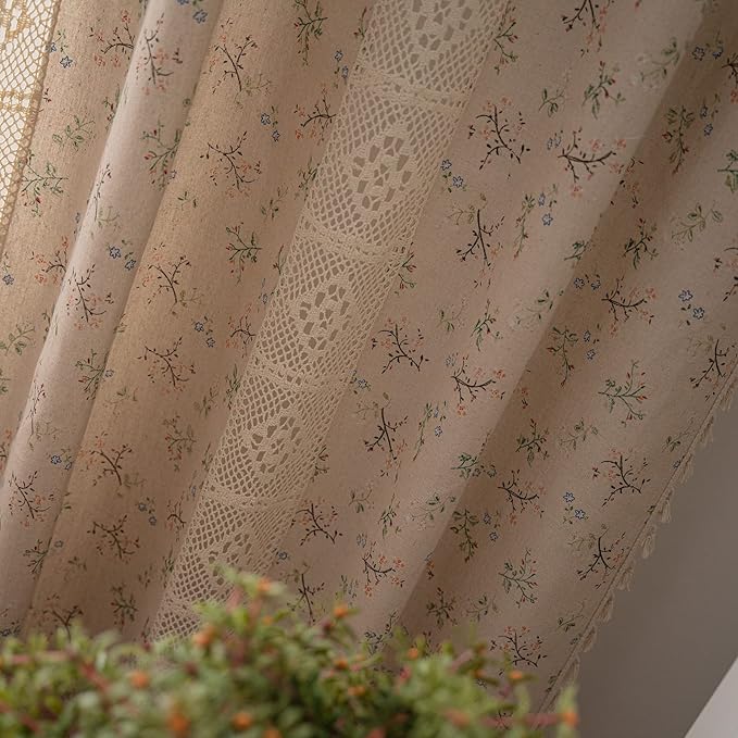 ENJOYBRIDAL Floral Curtains 96 Inch Length 2 Panels Crochet Lace Patchwork Drapes Semi-Sheer Boho Tassel Bedroom Living Room Farmhouse Beige Country Rustic Rod Pocket Window Curtain Panels