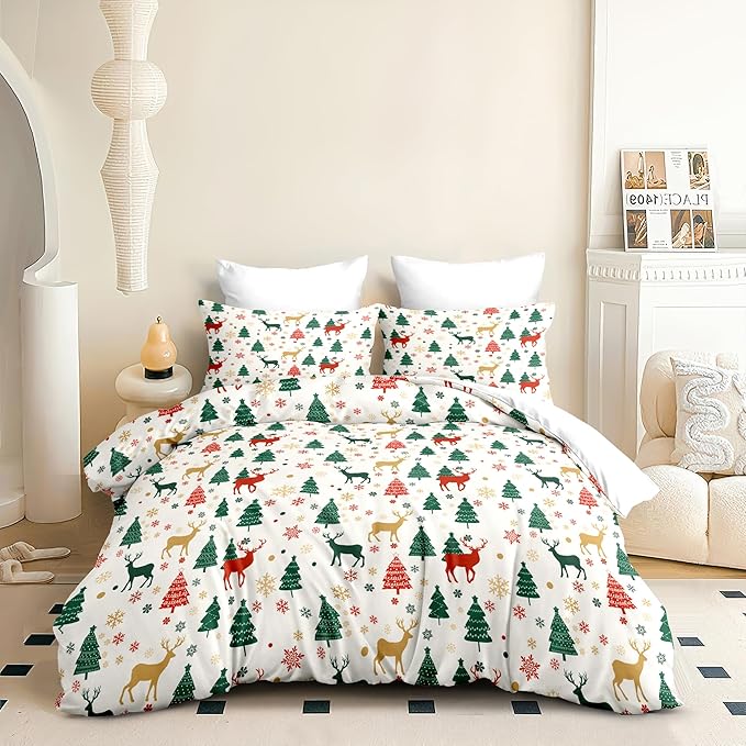 Christmas Duvet Cover Full Size Green Christmas Tree Bedding Set Kids Boys Girls Xmas Deer Pattern Comforter Cover 3 Pieces with Zipper Closure (No Comforter)