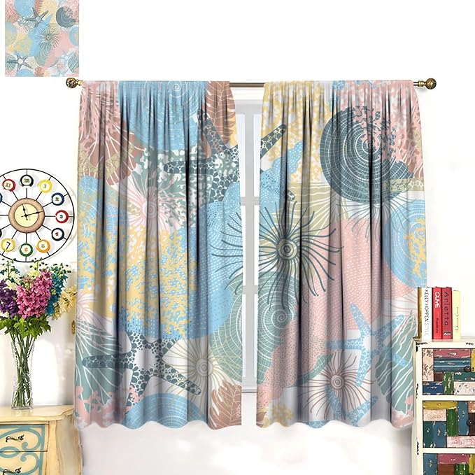 Nautical Blackout Curtain Beach Theme Starfish Seashell Nautical Rustic Ocean Sea Vintage Retro Coastal Summer Bedroom Set 2 Panels,84x84 Inches