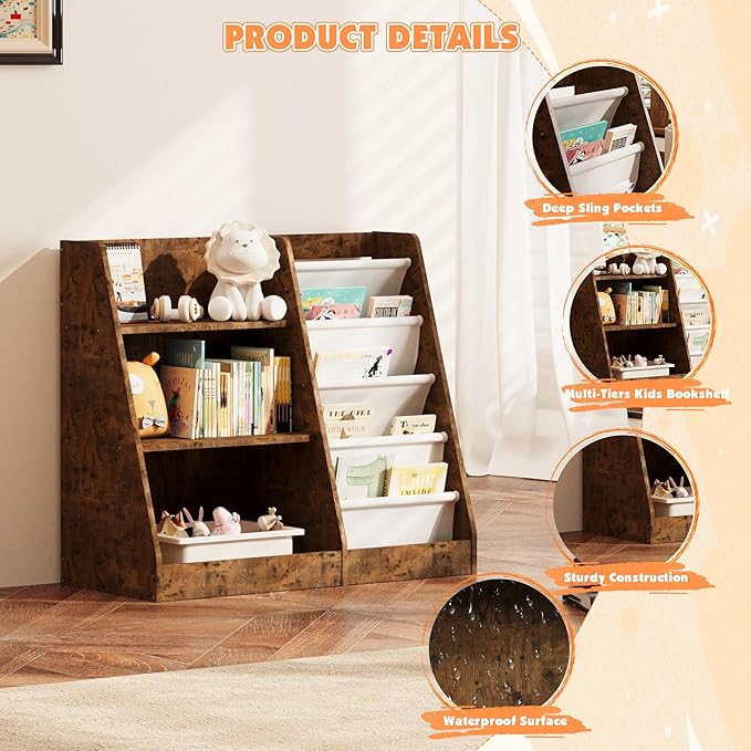 NACHES 3 Tier Kid Bookshelf Wooden 4 Sling Children Bookcase Adjustable Toddler Book Rack Display Toy Storage Organizer Book Display Shelf Stand Classroom Bedroom Nursery Playroom,25 inch(Rustic)