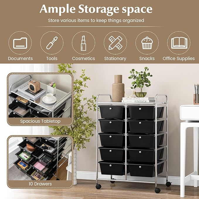 RELAX4LIFE Rolling Storage Cart with 10 Drawers - Craft Storage Cart with Lockable Wheels,Utility Cart, Art Cart Organizer for Crafting Storage, Studio, Office, Home, School Rolling Drawer Cart