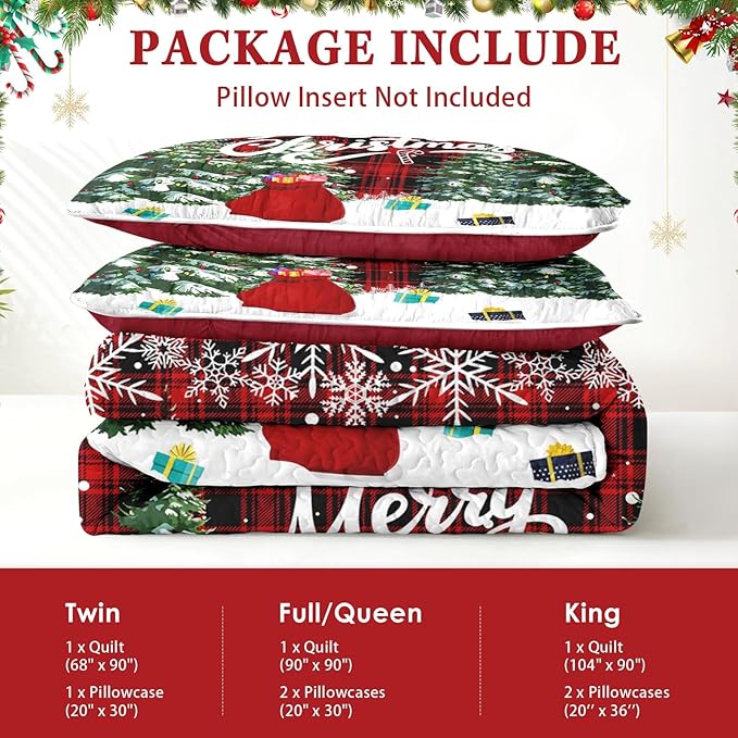 Christmas Full/Queen Size Quilt Set, Green Cartoon Trees Lightweight Bedspread Coverlet with Pillow Shams for Kids and Adults, Black Red Plaid 3 Pcs Bedding Bed Cover