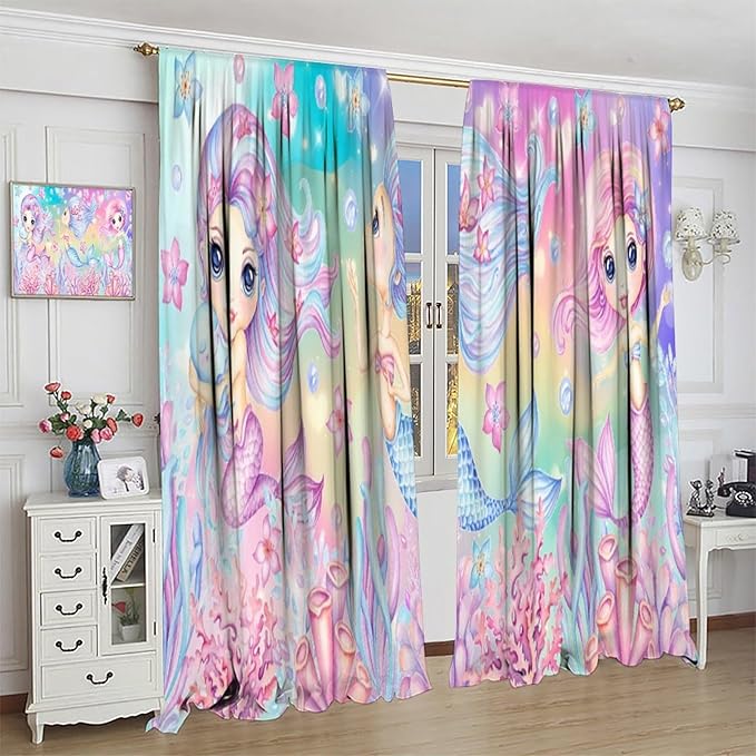 Cartoon Mermaid Kids Curtain Fantasy Ocean Theme Coral Flower Floral Window Treatment for Kids Girls Bedroom Nursery Room Decor Rod Pocket Blackout Window Drapes 63x72in