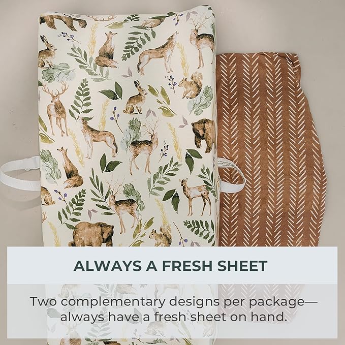 Pobibaby - 2 Pack Premium Changing Pad Cover - Ultra-Soft Cotton Blend, Stylish Woodland Pattern, Safe and Snug for Baby (Wildlife)