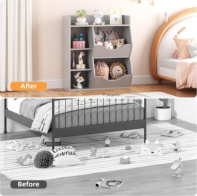 Kids Bookshelf, 32" 3-Tier Toy Storage Cabinet, Wooden Cube Storage Organizer with 5 Cubes and Spacious Top Shelf for Children's Room, Playroom, Hallway, Kindergarten, Bedroom, Playroom
