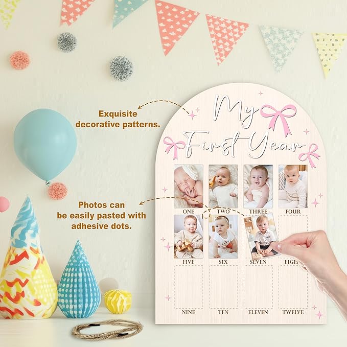 My First Year Photo Board, Pink Bow Baby's First Year Photo Frame 12 Monthly Milestone Picture Frame, Gift for Newborn Baby 1st Birthday Memories Nursery Decoration -07