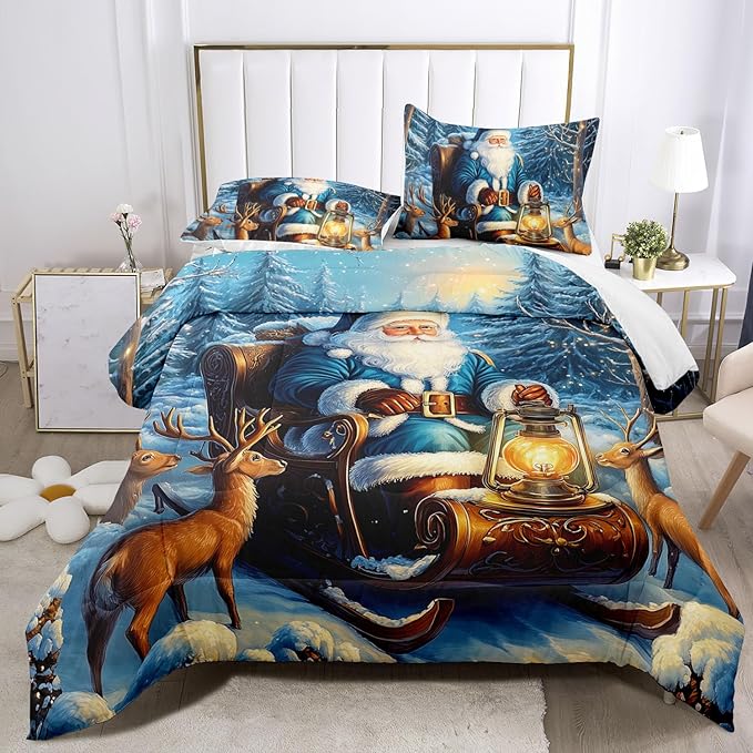 Raphus cucullatus Christmas Bedding Queen,Christmas Comforter Set,Santa Claus Decor Holiday Bedding Winter Quilt,Santa Claus Comforter Set,Snowflake Navidad Quilt Set,Cute Reindeer Quilt