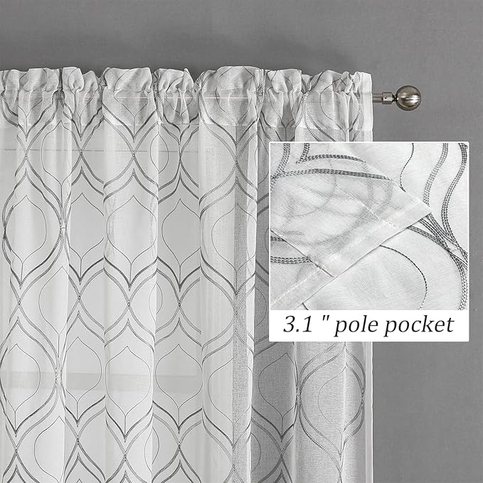 VISIONTEX White Sheer Curtains 120 Inches Long 2 Panels Set Grey Moroccan Embroidered Curtains Trellis French Textured Rod Pocket Voile Tulle Semi Window Drapes for Bedroom Living Room 54 x 120 Inch