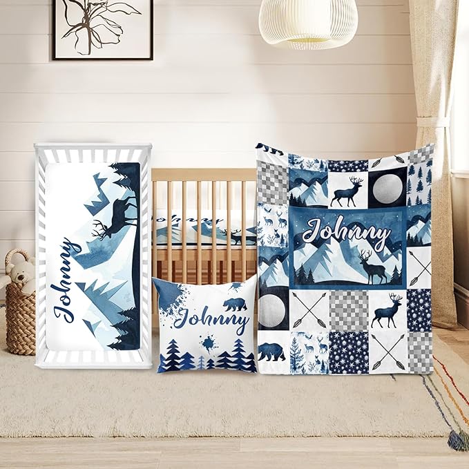 Custom Crib Bedding Set - Woodland Animals Design Personalized Name Baby Nursery Bedding 3 Pcs Set - Chic Soft Blanket, Sheet, Pillowcase for Newborns Boys Girls Gifts Color22