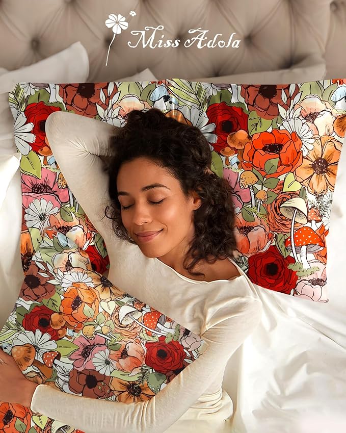 Silk Pillowcase 2 Pack - Pillow Cases 20" x 36" King Size Set of 2 for Hair and Skin Smooth Soft Breathable with Hidden Zipper Cooling Pillow Covers for Sleeping, Mushroom Bushes