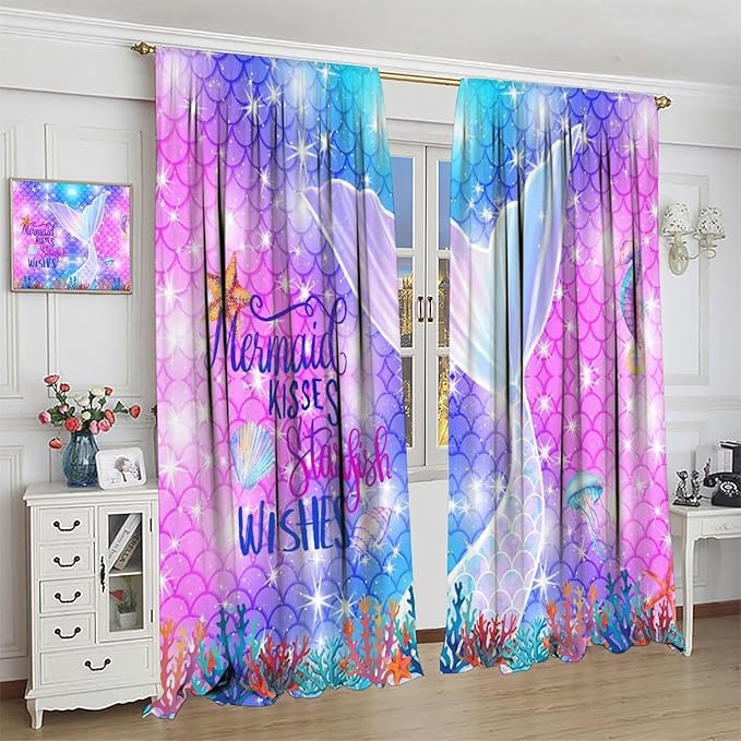 Kids Fantasy Mermaid Curtains Dream Colorful Mermaid Fish Tail Scale Fantasy Ocean Theme Window Treatment for Girls Bedroom Nursery Room Decor Window Drapes 72" W X 63" L