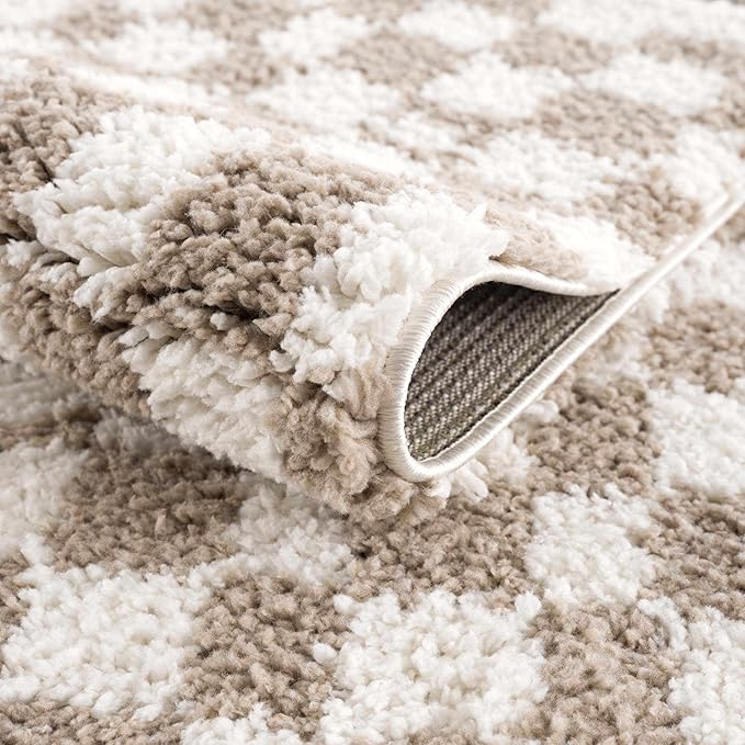 Hauteloom Kieu Contemporary Checkered Fluffy Shag Area Rug - Modern Geometric Soft Carpet Tiles for Living Room, Kids Room, Nursery - Gray, Taupe, White - 5'3" x 7'