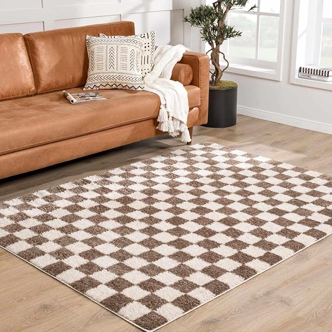 Hauteloom Canika Modern Checkered High Pile Runner Rug - Contemporary Geometric Carpet for Hallway, Kitchen - Machine Washable Area Rug - Peach, Dark Brown - 2'7" x 7'3"