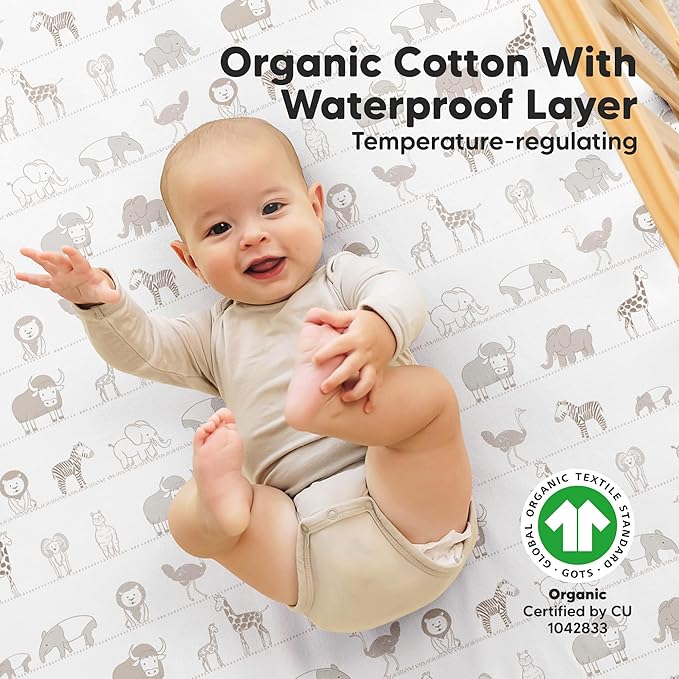 2-Pack Waterproof Crib Sheets for Girl, Boy - Organic Cotton 52X28 Fitted Crib Sheets Neutral, Crib Mattress Protector Sheets, Soft Toddler Bed Sheets,Washable Infant Fitted Baby Crib Sheets(Savannah)