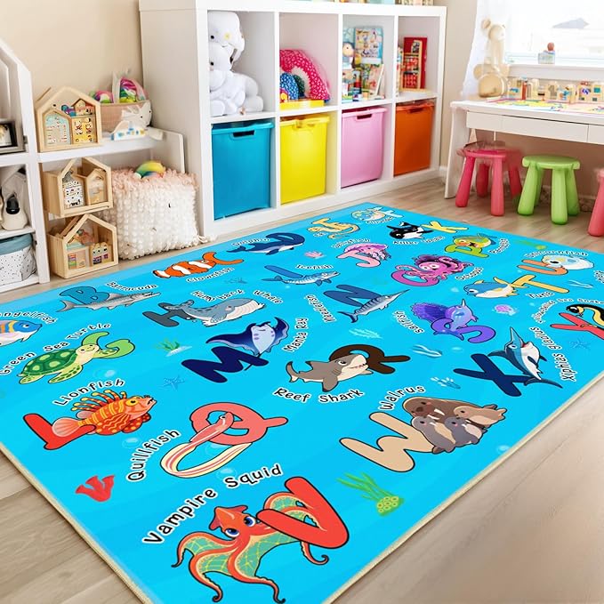 Kids Rugs for Playroom, 8x10 Ft Educational Rug for Learn The ABC Alphabet, Soft Machine Washable Non-Slip Cute Marine Organisms Carpet for Classroom Toddler Nursery Kids Room Decor, Blue