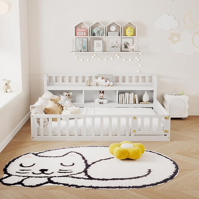 mikibama Twin Size Floor Bed with Side Bookcase and Shelves, Montessori Floor Bed with Guardrails for Bedroom, Wood Full Floor Bed Frame with Storage for Girls, Boys, White