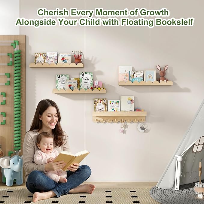 24 Inch Nursery Book Shelves with Hooks, 4-Pack Floating Shelves for Wall, Scalloped Shelves, Wall Book Shelves for Kids Room, Toddler Room, Baby Room, Nursery Decor