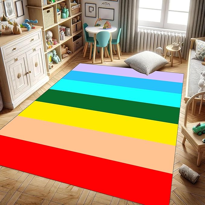 Soft Rainbow Area Rugs Girl's Bedroom Fluffy Colorful Rugs Furry Kids Play Mats Simple Rainbow Line Print Living Room Kids Room Nursery Home Decor 2x4ft