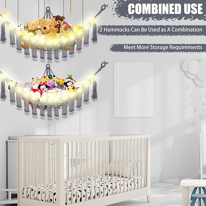 Stuffed Animal Hammock with LED Light, Large Stuffed Animals Storage Corner Plushie Net for Kids Room Decor, Jumbo Grey