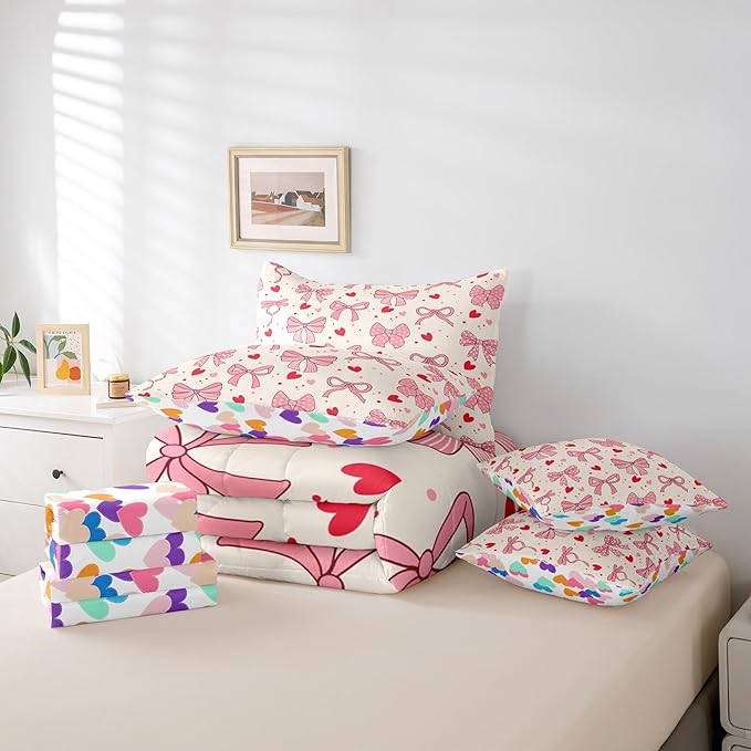 Pink Bowknot Bow Tie Kids Comforter King Size,Love Heart Dot Geometric Patchwork 7 Pcs Bedding Set,Stripe Snowflake Romantic Room Decor,Princess （Fitted+Sheet+2 Pillowcases+2 Throw Pillow Covers）