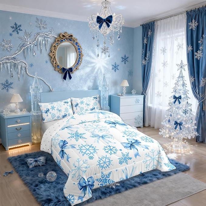Lovely Bowknot Kids Bedding Set King Size,Dreamy Bowknot Dots Snowflake Comforter Set,Winter Merry Christmas Girly Quilt Comforter,Blue White Bedroom Duvet Insert,2 Pillowcases