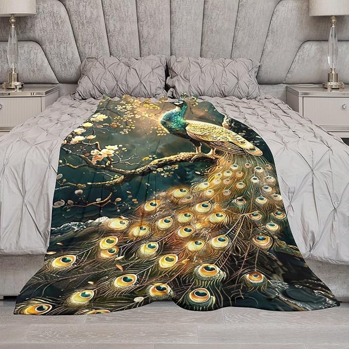 Peacock Blanket Gold Peacock Gifts for Girls Boys Woman Kids Lover Throw Blankets Soft Blanket Warm Fleece Flannel Plush Blankets for Bed Sofa Couch 40"x50"