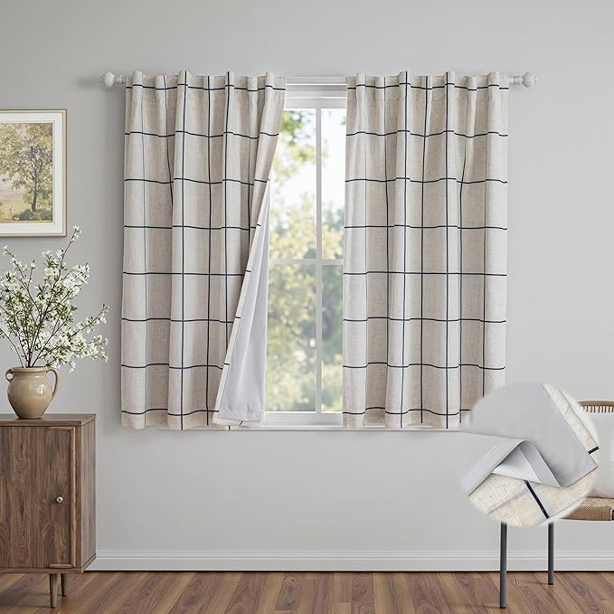 MYSKY HOME 100% Blackout Plaid Linen Curtains 45 Inches Long Double Layer Farmhouse Thermal Insulated Checkered Print Drapes with Back Tab Rod Pocket for Bedroom, 2 Panels, 52" Wide, Navy Blue