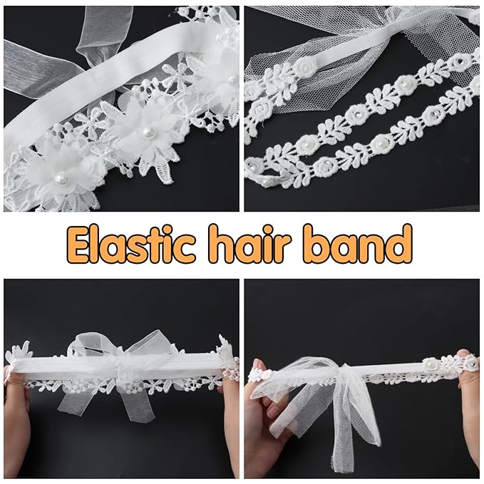 2 Pack 18-20in Elegant White Flower Christening Headbands for Baby Girl, Elastic Soft Lace with Cute Tulle Pearl Hair Strap (Double row of small lace)