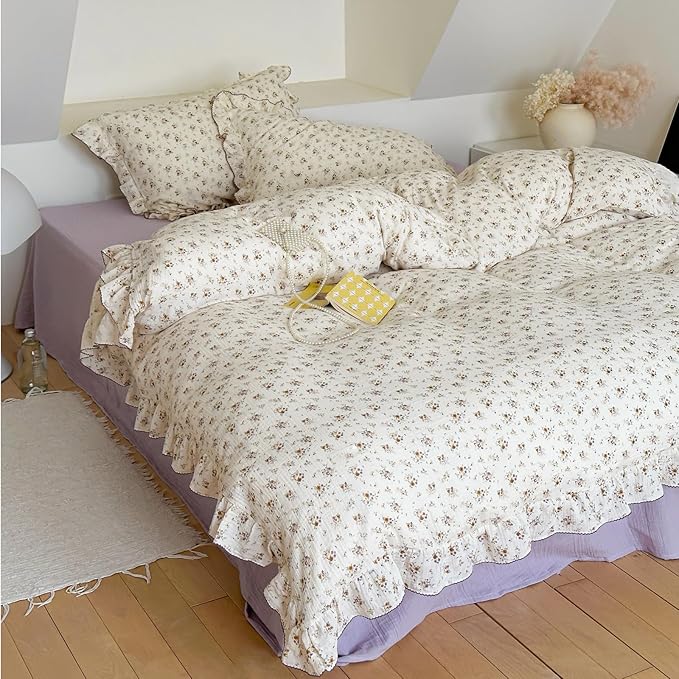 BuLuTu Full Duvet Cover 100% Cotton Muslin Duvet Covers Soft Breathable Comforter Cover Kids Girls Women Vintage Floral Bedding Quilt Cover with Ruffles, 79"x90", No Comforter