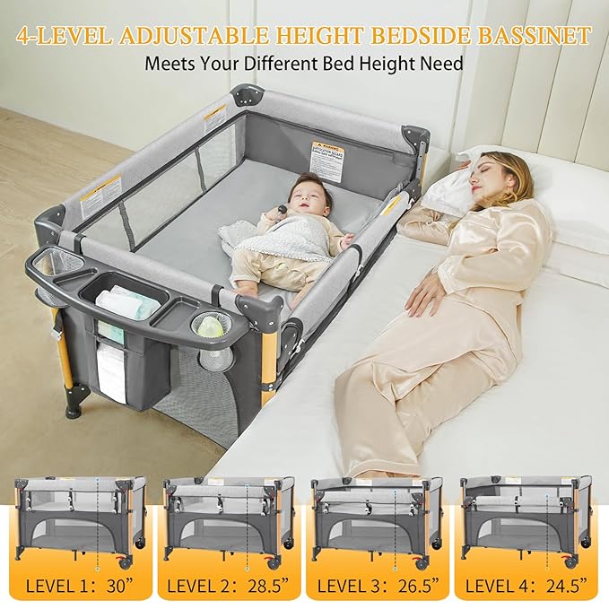 Baby Bassinet Bedside Crib with One-Hand Setup 5-in-1 Foldable Pack n Play for Travel, Portable Baby Bassinet with Diaper Changer & Adjustable Mattress for Newborn to Toddler (Grey)