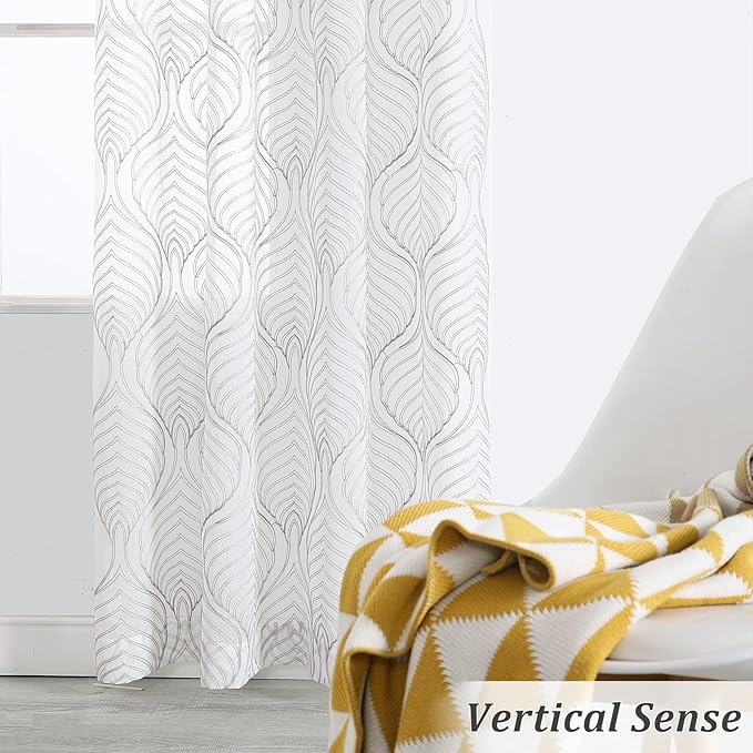 VISIONTEX Sheer Curtains 72 Inches Long 2 Panels Set Grey Moroccan Embroidery Texture Geometric Rod Pocket Ivory White Voile Tulle Semi Window Treatment Pair for Bedroom Living Room 54 x 72 Inches