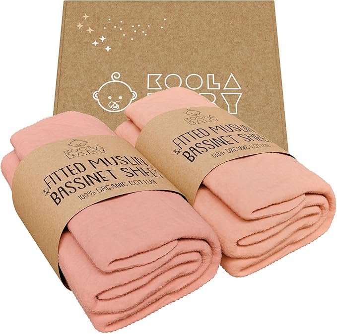 Bassinet Fitted Sheets - Compatible with 4moms MamaRoo Sleep Bassinet | 100% Organic Muslin Cotton - Light Pink + Dark Pink | 30x18 (2 Pack)