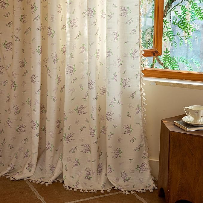 ENJOYBRIDAL Purple Floral 84 Inch Curtains for Living Room Decor Drapes Semi Sheer Bedroom Rod Pocket Tassel Window Curtains 2 Panels Aesthetic Farmhouse Cute Boho Window Treatments