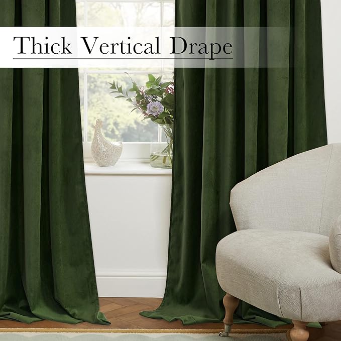 StangH Moss Green Curtains for Bedroom 102 inches Long Velvet Blackout Thermal Insulated Sliding Door Drapes Back Tab Thick Privacy for Living Room/Spring Decor, W52 x L102, 2 Panels