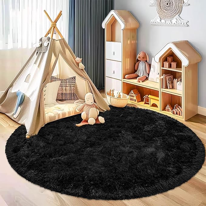 Fluffy Rug 5ft Round Black Super Soft Furry Rug for Kids Room, Shaggy Rug for Nursery Plush Rug for Living Room