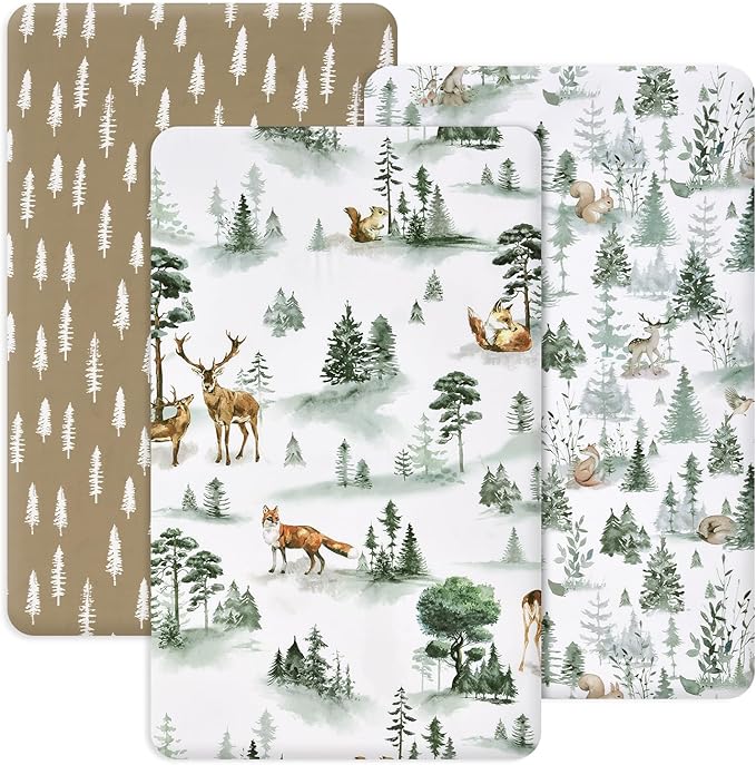 PHF 3 Pack Soft Mini Crib Sheets, Woodland Silky Pack N Play Sheets for Baby Boys Girls Neutral, Universal Fit for Pack N Play, Playard, Portable and Mini Crib Mattresses, Woodland