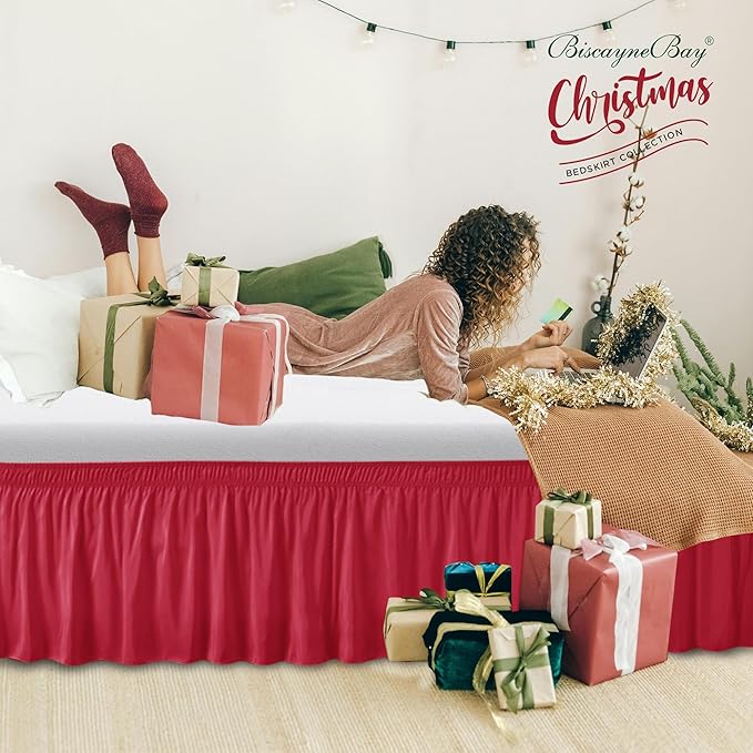 Biscaynebay Wrap Around Bed Skirts for Full & Full XL Beds 15" Drop, Red Adjustable Elastic Dust Ruffles Easy Fit Wrinkle & Fade Resistant Silky Luxurious Fabric Machine Washable