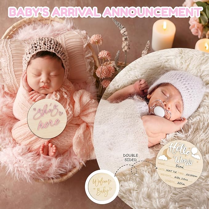2PCS Hello World Newborn Sign and she's here, Gender Reveal Welcome baby Announcement Sign Board Wooden Birth Name Announcement Plaque and Pen for Baby Shower Photo Props Hospital Nursery