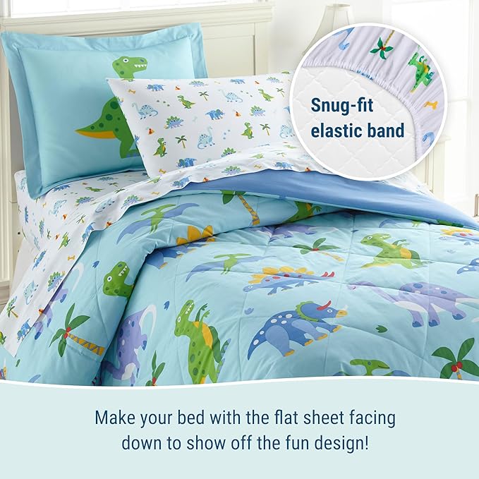 Wildkin 5-Piece Twin Bedding Set – 100% Cotton Comforter, Sheets & Pillowcase for Cozy Cuddles - Dinosaur Land