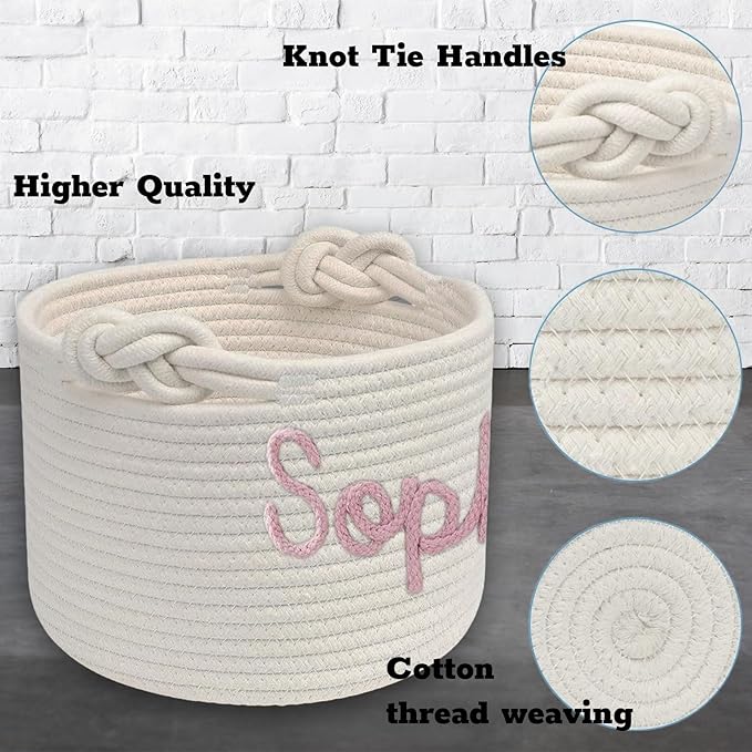 Personalized Dog Toy Basket Custom Cat Toy Box Rope Woven Basket with Pet's Name Dog Storage Organizer with Handles Cute Toy Bin for Cat White