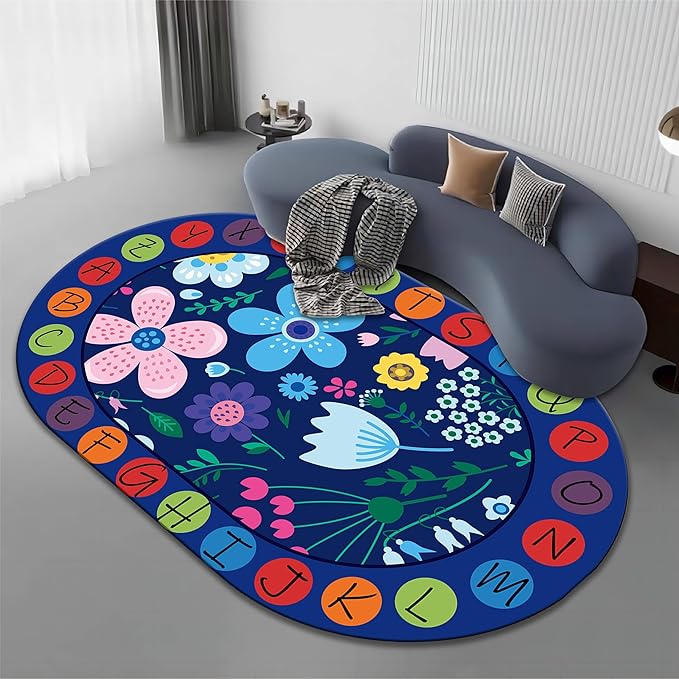 Kids Educational Oval Rug, 5x8ft, ABC Alphabet Learning Play Mat, Cute Colorful Flowers Plants Designs Rugs, Non-Slip Washable Carpet for Bedside Boys Girls Teens Room Nursery Decor Floor Mat