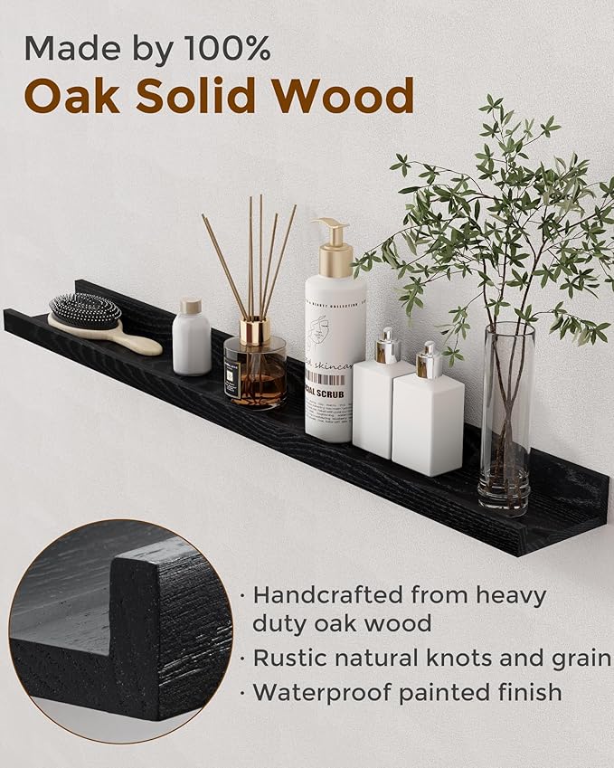 Axeman Oak Picture Ledge Shelf, 55 Inch Floating Shelves Set of 2, Solid Oak Wood Wall Shelves with Lip, Wall Decor Storage for Bedroom Living Room Bathroom Kitchen Nursery Photo Picture, Black