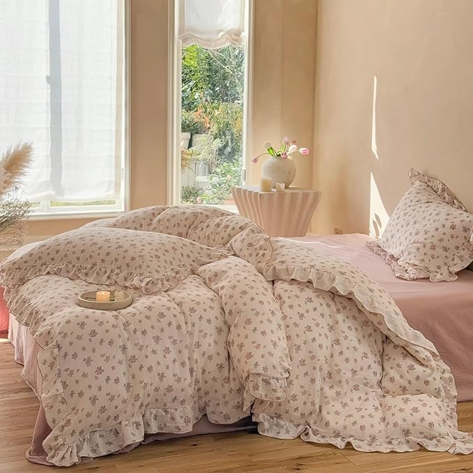 BuLuTu Chic Shabby Tuberose Floral Duvet Cover Queen, Double-Layer Cotton Muslin Comforter Cover Kids Teens Bedding Ruffles Quilt Covers for All Seasons, 90"x90", Zipper Closure, No Pillow