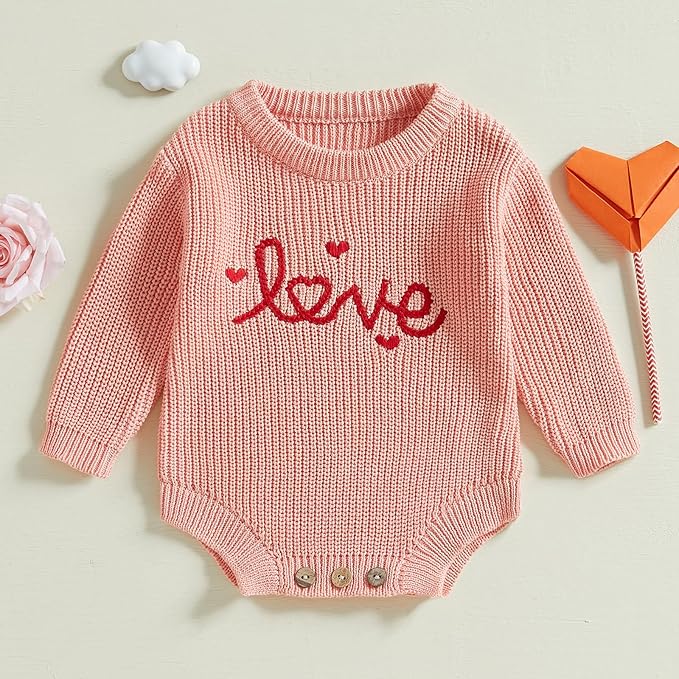 Lesimsam Newborn Baby Boy Girl Valentines Day Outfit Oversized Embroidery Long Sleeve Knit Sweater Bubble Romper Bodysuit